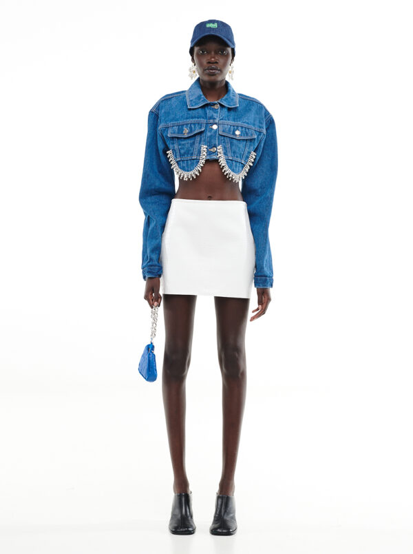 Milk White Cropped Denim Jacket Crystal